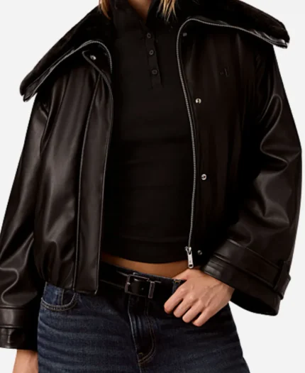 Ck Sadie Sink Black Leather Bomber Jacket