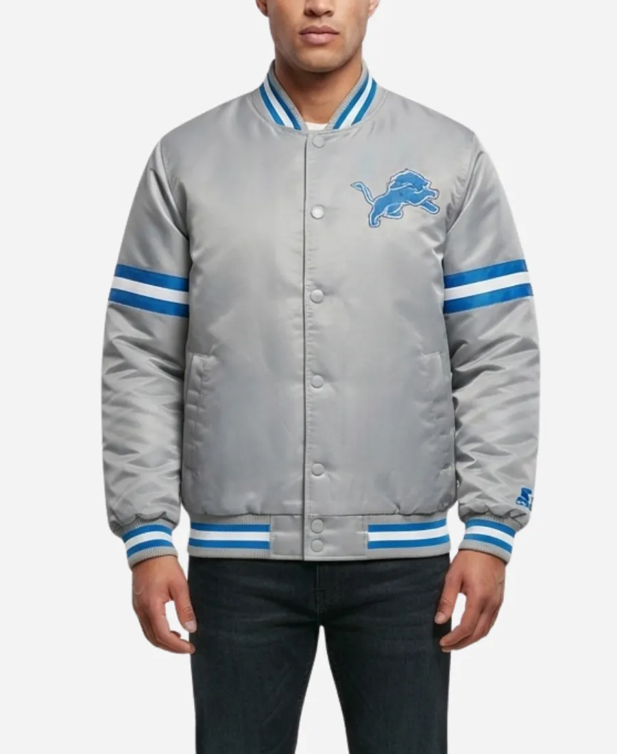 Detroit Lions Starter Courtside Varsity Jacket NFL Detroit Lions 2026 Courtside Starter Grey Satin Varsity Jacket
