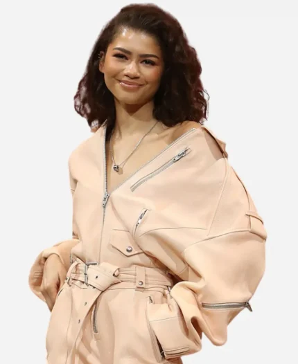 Dune Part Two Press Conference Zendaya Light Pink Oversized Leather Jacket