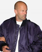 Jason Statham London Fashion Week 2026 Navy Blue Satin Bomber Jacket