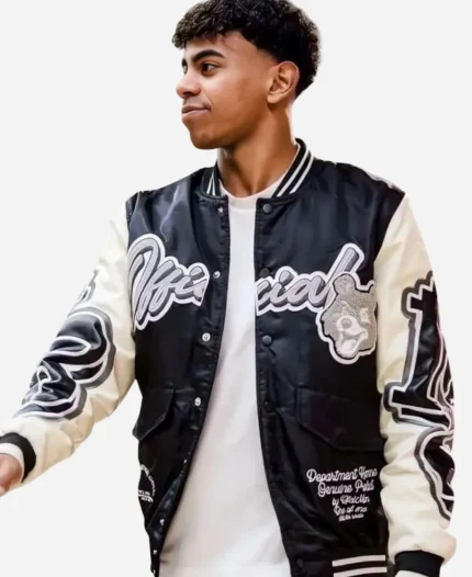 Lamine Yamal BoohooMAN Teddy 2026 Black And White Satin Varsity Bomber Jacket