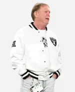 Mark Davis Preseason 2026 Las Vegas Raiders White Bomber Jacket