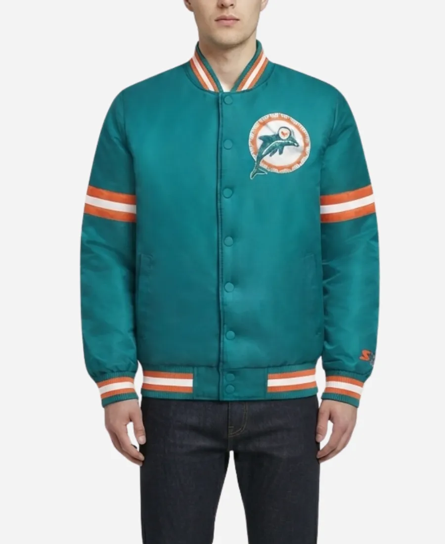 Miami Dolphins Starter Courtside Varsity Jacket NFL Miami Dolphins Starter Courtside Satin Aqua Blue Varsity Jacket