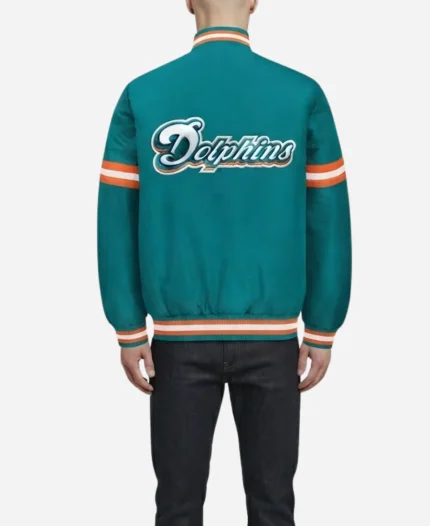 NFL Miami Dolphins Starter 2026 Courtside Satin Aqua Blue Varsity Jacket