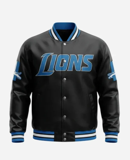 NFL Team Mike Phillips Detroit Lions Black Satin Varsity Jacket