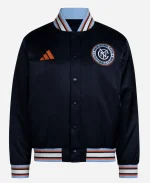 Adidas New York City 2026 Coaches Navy Blue Satin Bomber Jacket