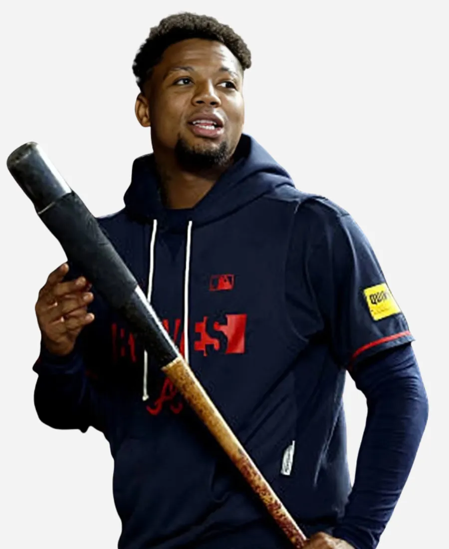 Nike Atlanta Braves Ronald Acuña Jr. Dri-FIT Sleeveless Navy Blue Hoodie Nike Braves 2026 Ronald Acuña Jr. Sleeveless Hoodie