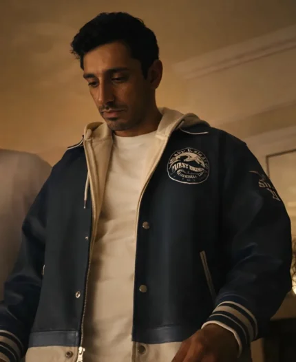 Riz Ahmed Tv Series Bait S01 Shah Latif Blue Leather Varsity Jacket