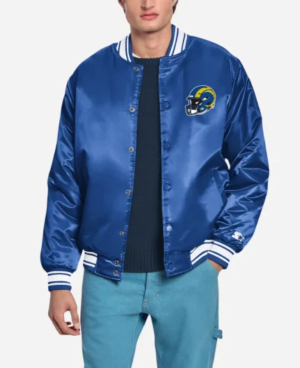 Starter LA Rams Triangle Printed Graphic Satin Royal Blue Varsity Jacket