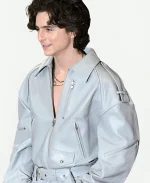 Timothee Chalamet Dune 2 Press Conference Oversized Light Blue Leather Jacket