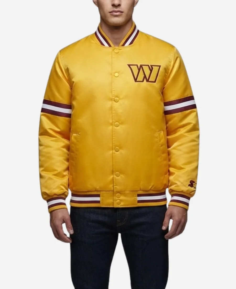 Washington Commanders 2026 Courtside Starter Yellow Satin Varsity Jacket Washington Commanders 2026 Courtside Starter Yellow Varsity Jacket
