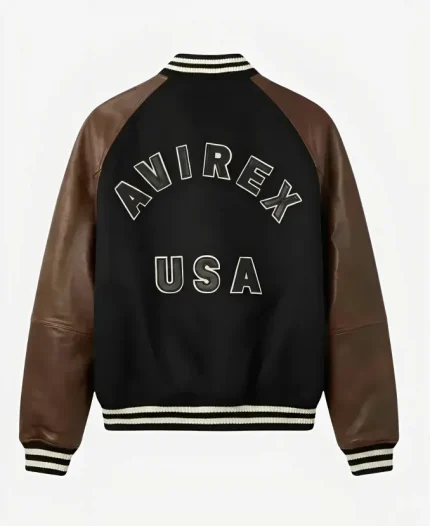 AVIREX Naval 2026 Wool Leather Full-Zip Black & Brown Varsity Jacket