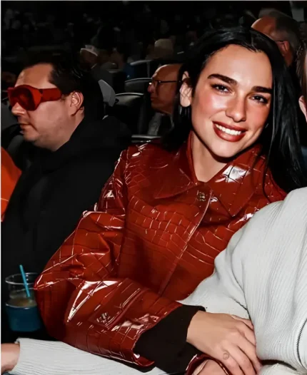 Dua Lipa NYC Yankee Stadium Game Crocodile Print Red Leather Coat