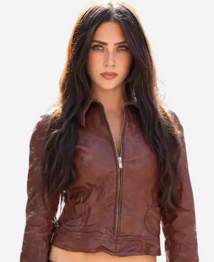 Miu Miu Paris Fashion Week 2026 Jade Picon Brown Leather Jacket