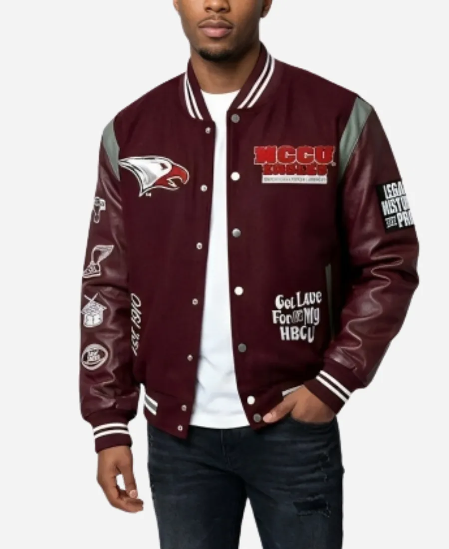 NCCU Eagles Motto 3.0 Maroon Varsity Jacket Unisex NCCU Eagles 2026 Motto 3.0 Maroon Leather Varsity Jacket