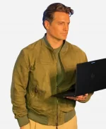 New York City Henry Cavill Googlebook Launch Laptop Suede Bomber Jacket