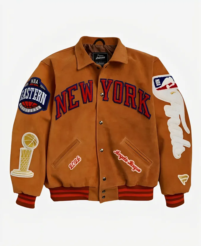 New York Knicks Fanatics NBA Finals Champions 2026 Suede Brown Jacket New York Knicks Fanatics NBA Finals Champions 2026 Suede Jacket