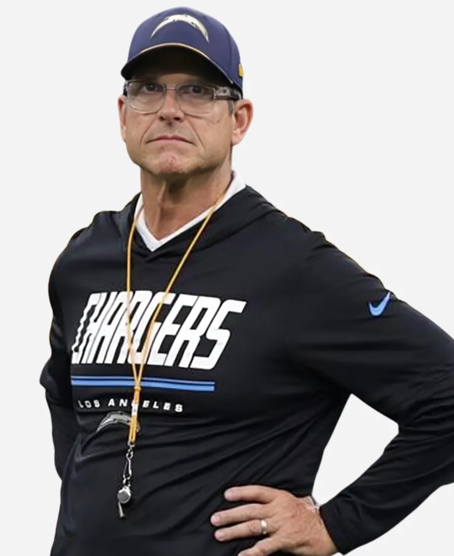 Nike Chargers Preseason Jim Harbaugh Black Hooded T-Shirt Nike LA Chargers 2026 Jim Harbaugh Preseason Dri-FIT Black Long-Sleeve Hooded T-Shirt