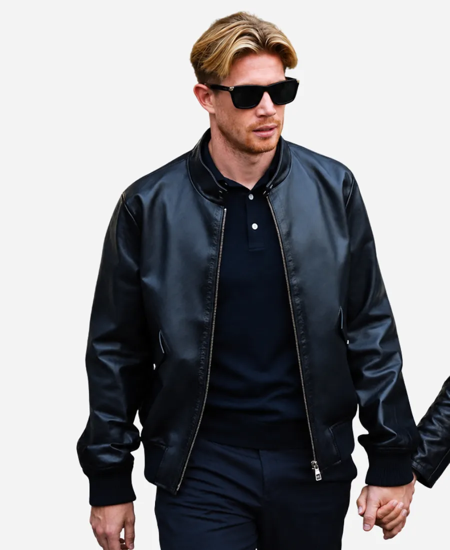 PFW Kevin De Bruyne Leather Jacket Paris Fashion Week Kevin De Bruyne Black Bomber Jacket