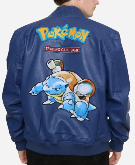 Pokemon Armored Water Turtle 2026 Blue Leather Bomber Jacket