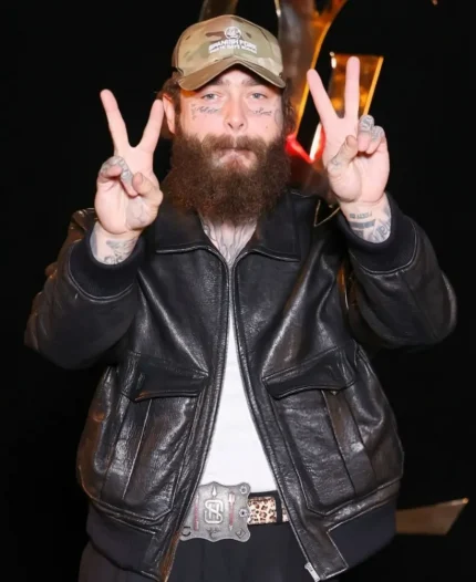 Post Malone Paris Fashion Week 2026 Black Leather Jacket