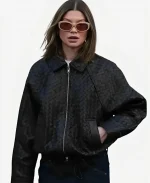 Sophia Geiss Woven Texture Black Leather Bomber Jacket