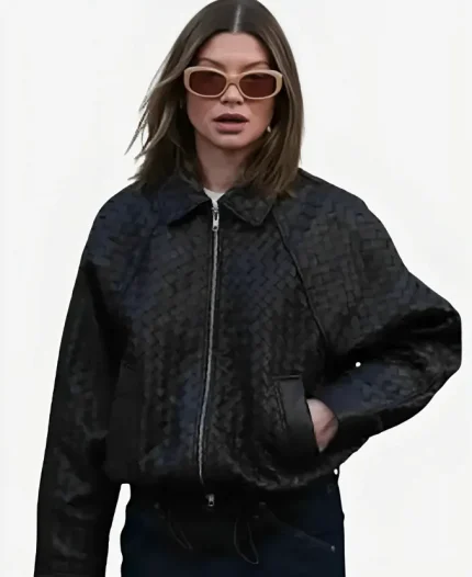 Sophia Geiss Woven Texture Black Leather Bomber Jacket