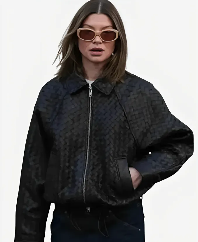 Sophia Geiss Woven Black Leather Jacket Sophia Geiss Woven Texture Black Leather Bomber Jacket