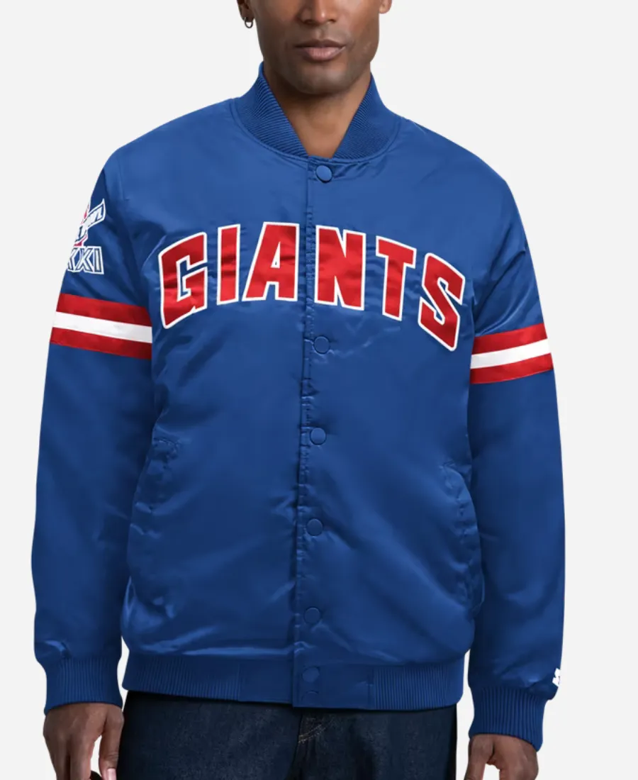 Starter New York Giants 2026 Super Bowl XXI Satin Royal Blue Varsity Jacket Starter NY Giants Super Bowl XXI Royal Blue Varsity Jacket