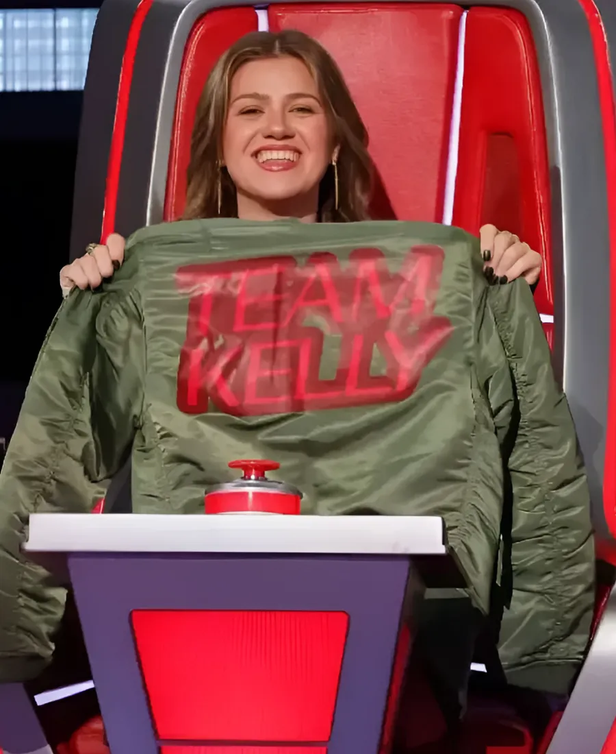 The Voice S30 Team Kelly Satin Jacket The Voice Season 30 Team Kelly Clarkson Olive Green Satin Bomber Jacket