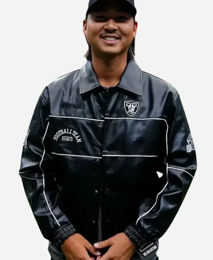 The Wild Collective Minwoo Lee Las Vegas Raiders 2026 Black Leather Racing Jacket